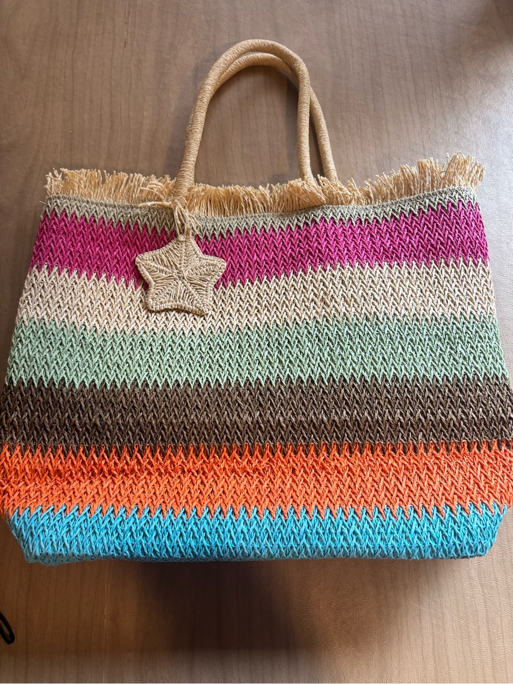 Multicolor Straw Tote Bag with Star Charm - Pink, Blue, Orange, Brown
